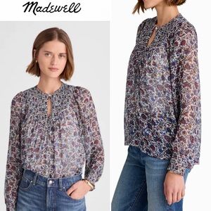 MADEWELL SHEER FLORAL LONG SLEEVE LINED BOHO TOP. SIZE M. SPLIT NECK, SMOCKED